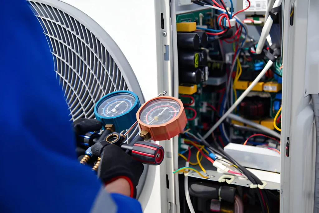 A technician uses gauges to check the pressure on the internal components of an air conditioning unit.