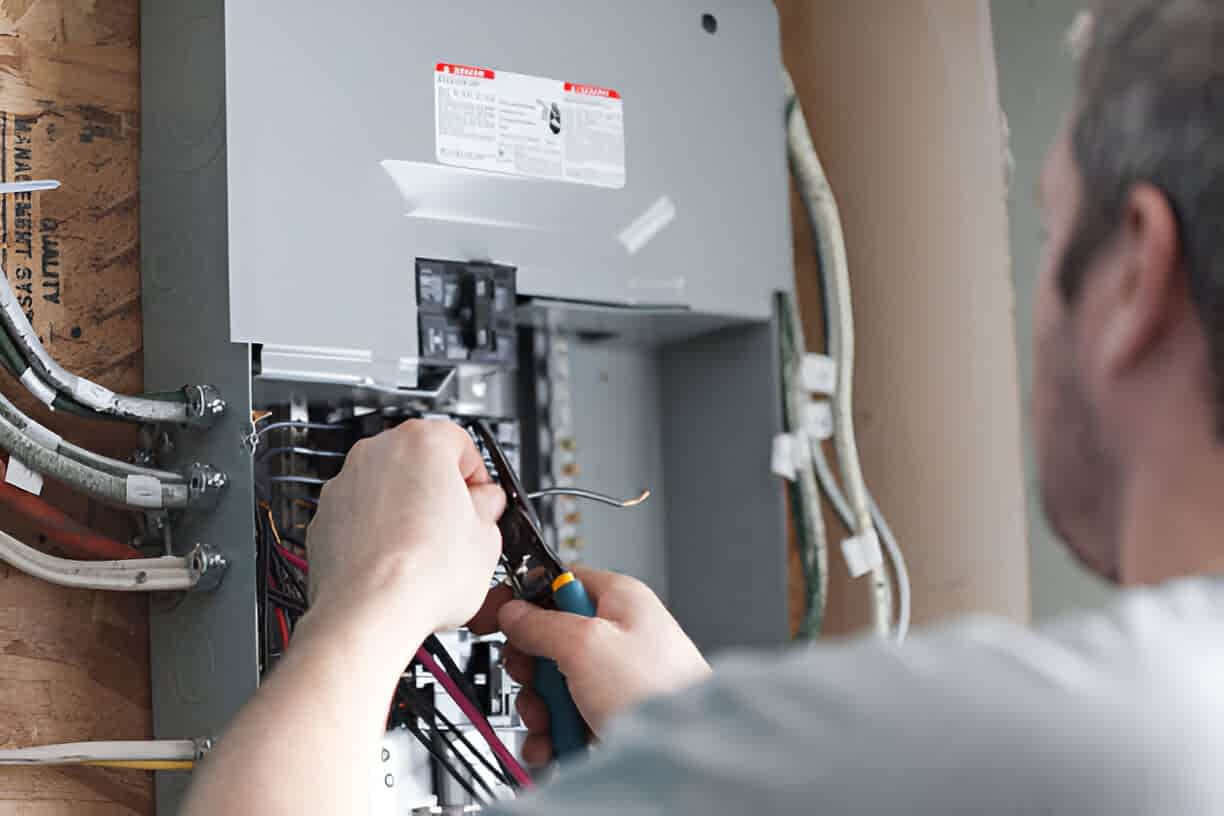 A professional is using a pair of pliers to work on the wiring inside an electrical panel.