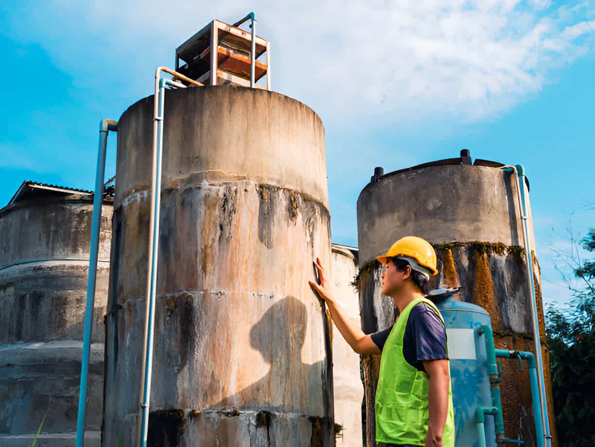 A worker in a hard hat and safety vest inspects two large, weathered concrete water tanks.